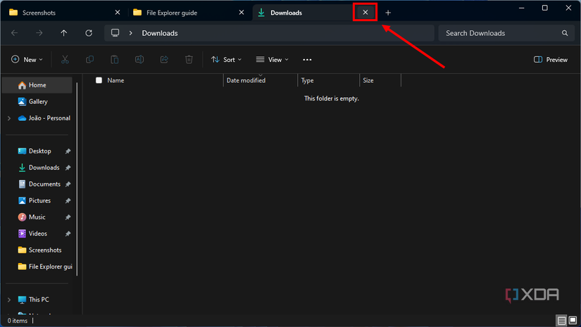 Screenshot of File Explorer in Windows 11 with the close tab button highlighted