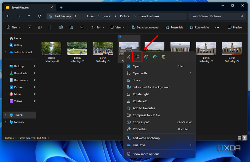 Screenshot of File Explorer in Windows 11 with the Copy button highlighted in the context menu
