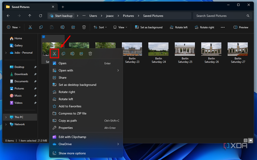 Screenshot of File Explorer in Windows 11 with the Cut button highlighted in the context menu