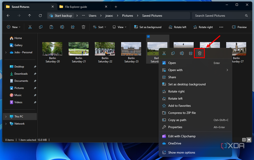 Screenshot of File Explorer in Windows 11 with the Delete button highlighted in the context menu
