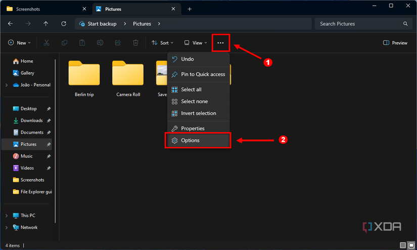 Screenshot of File Explorer in Windows 11 with the ellipsis and Options buttons highlighted