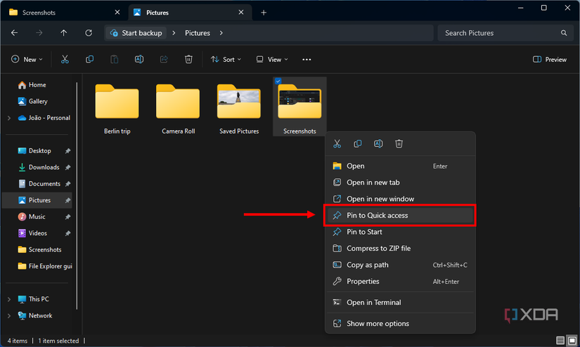 Screenshot of File Explorer in Windows 11 with the Pin to Quick access button highlighted in the context menu