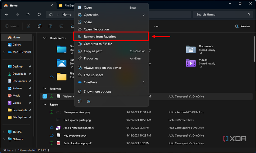 Screenshot of File Explorer in Windows 11 with the Remove from Favorites button highlighted