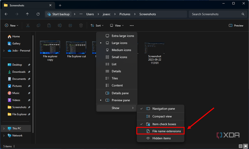 Screenshot of File Explorer in Windows 11 with the Show file name extensions button highlighted