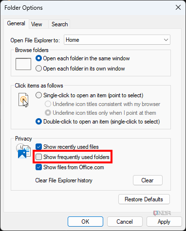 Screenshot of File Explorer options in Windows 11 with the option to show frequent folders disabled