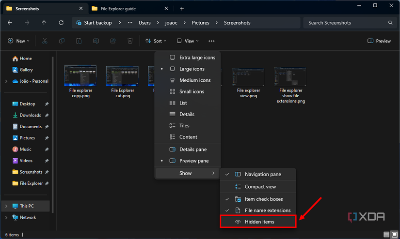 Screenshot of File Explorer in Windows 11 with the Show hidden items button highlighted
