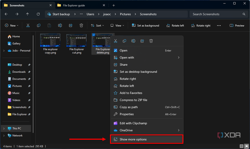 Screenshot of File Explorer in Windows 11 with the Show more options button highlighted in the context menu