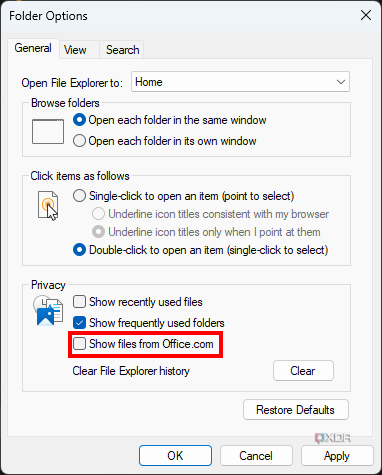 Screenshot of File Explorer options in Windows 11 with the Show Office.com files option disabled