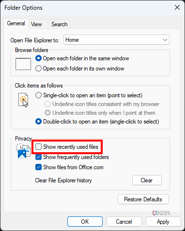 Screenshot of File Explorer options in Windows 11 with the Show recently used files option disabled