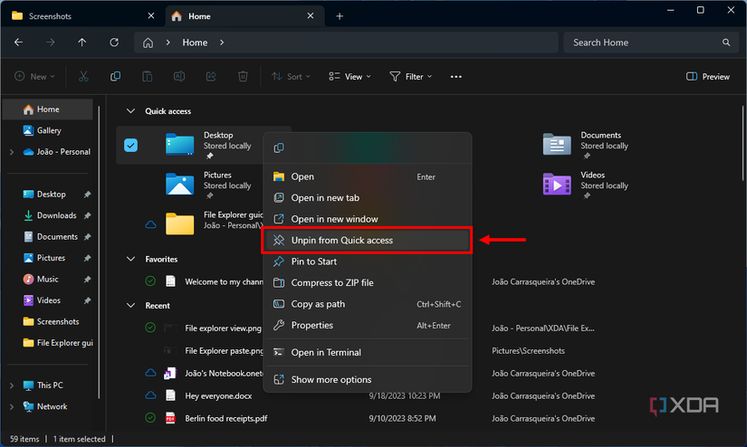 Screenshot of File Explorer in Windows 11 with the Unpin from Quick access button highlighted in the context menu
