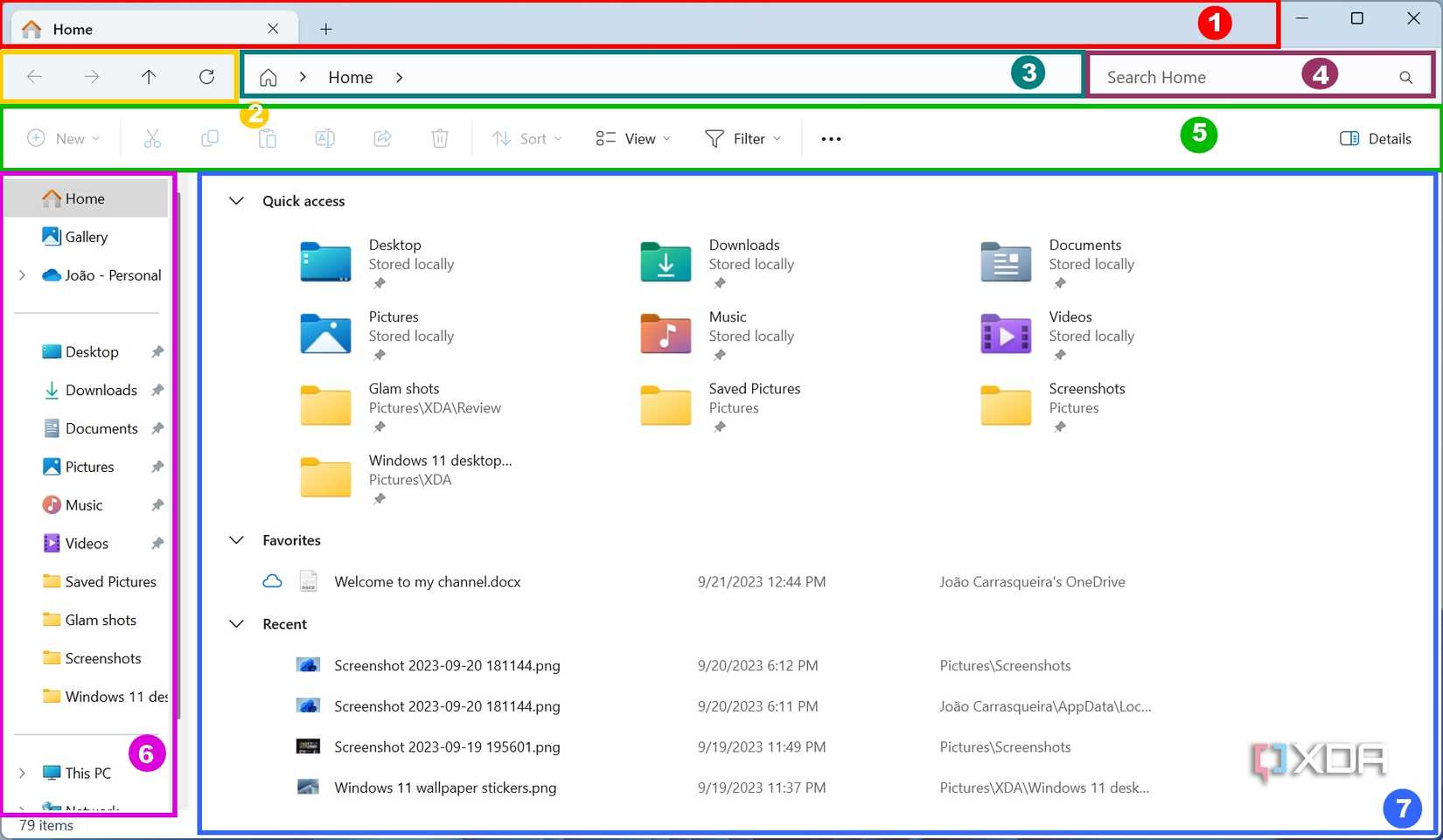 Screenshot of the Home page in File Explorer with various sections of the UI highlighted