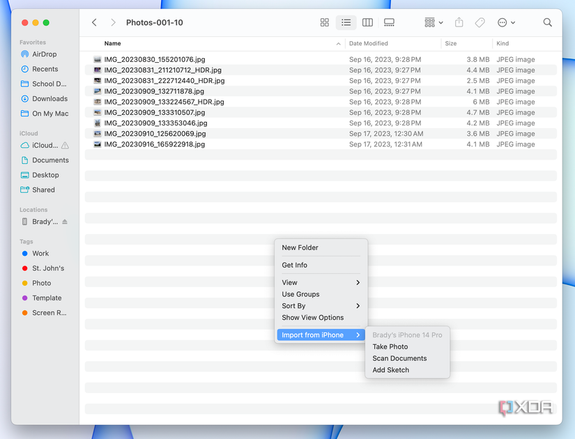Uploading a document in Continuity Cam in Finder.