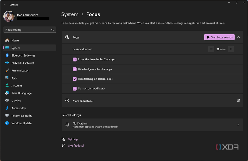 Screenshot of FOcus settings in the Windows 11 Settings page