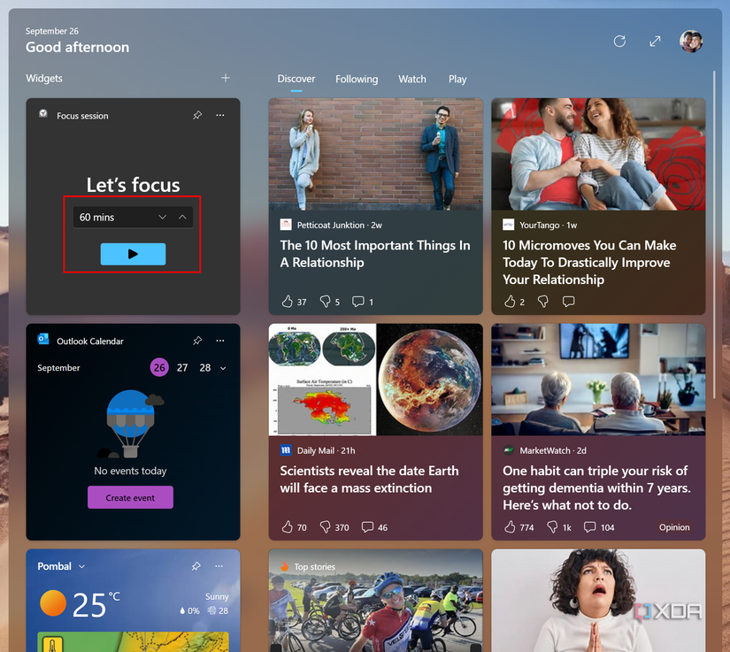 Screenshot of the Widgets board with the Focus session widget. The timer and start buttons are highlighted