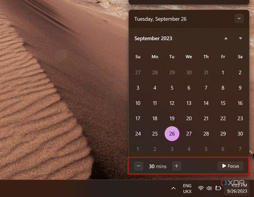 Screenshot of Focus sessions timer in Windows 11 notification center
