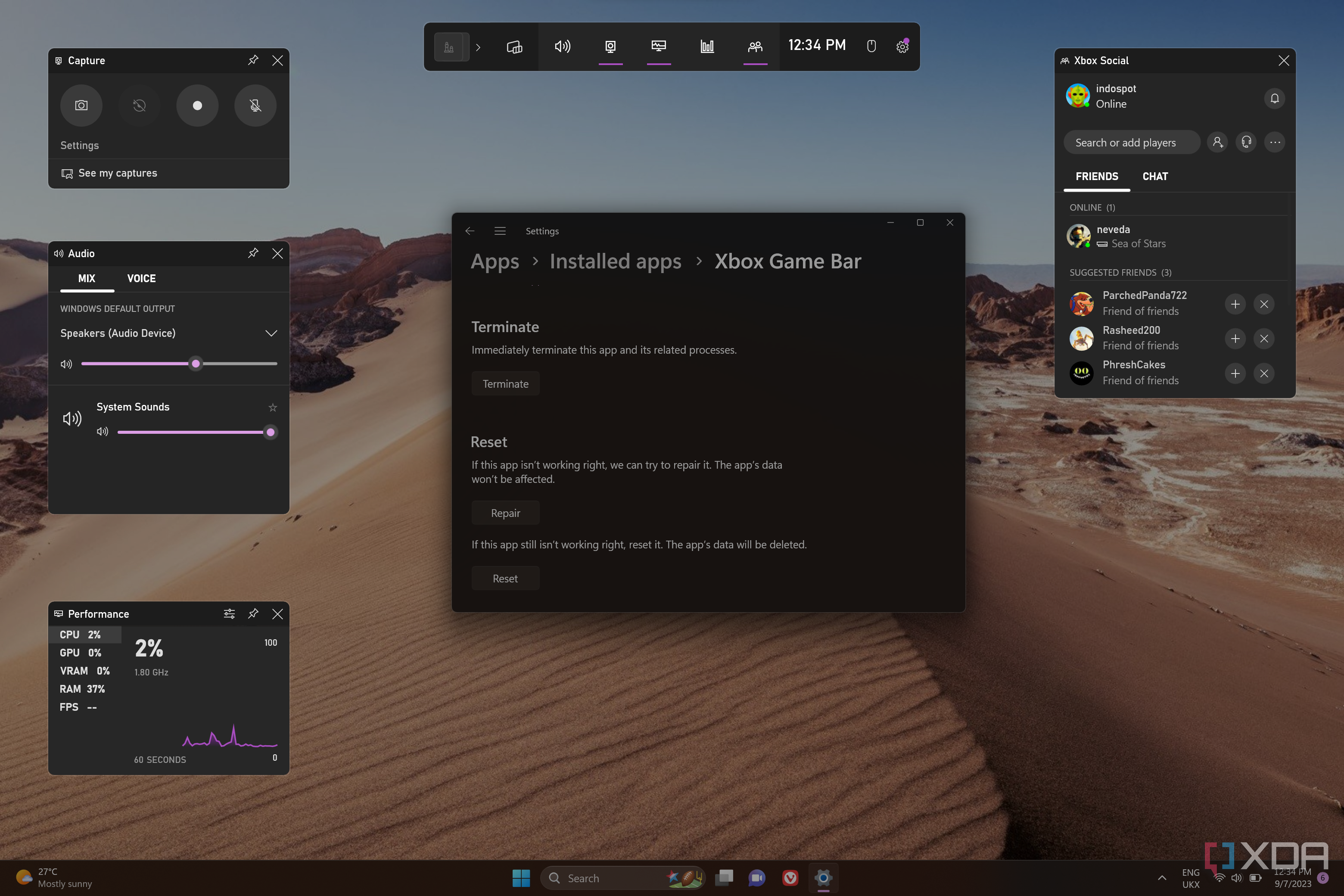 Screenshot of a Windows 11 desktop with the Xbox Game Bar overlay open over the Settings app showing the button to terminate the Xbox Game Bar app