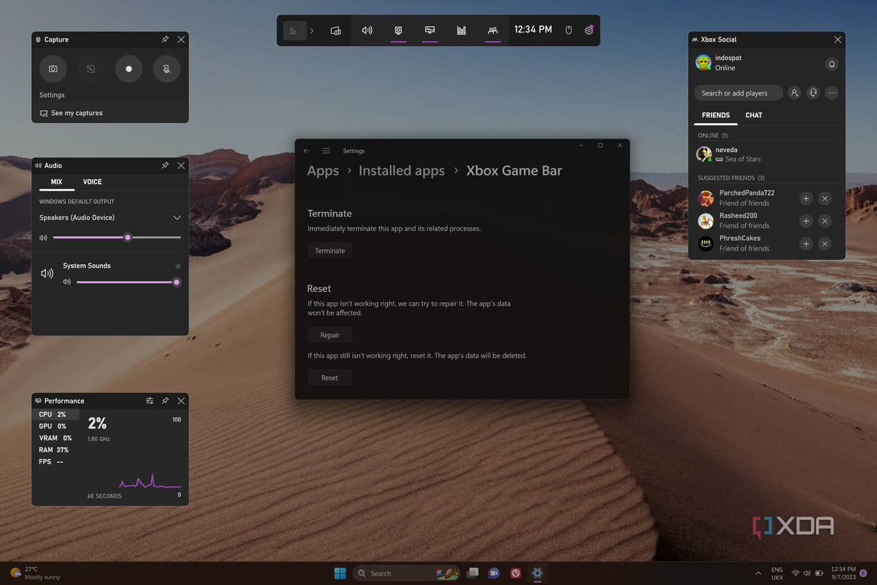 Screenshot of a Windows 11 desktop with the Xbox Game Bar overlay open over the Settings app showing the button to terminate the Xbox Game Bar app