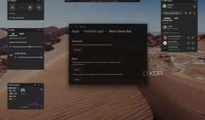 Screenshot of a Windows 11 desktop with the Xbox Game Bar overlay open over the Settings app showing the button to terminate the Xbox Game Bar app