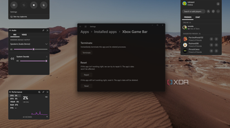 Screenshot of a Windows 11 desktop with the Xbox Game Bar overlay open over the Settings app showing the button to terminate the Xbox Game Bar app