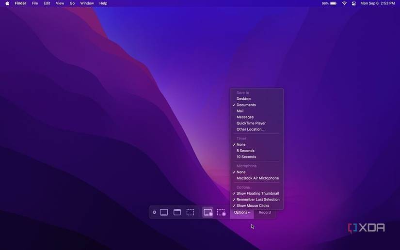 The Screenshot app record options on macOS