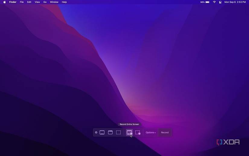 Record entire screen button in the Screenshot app