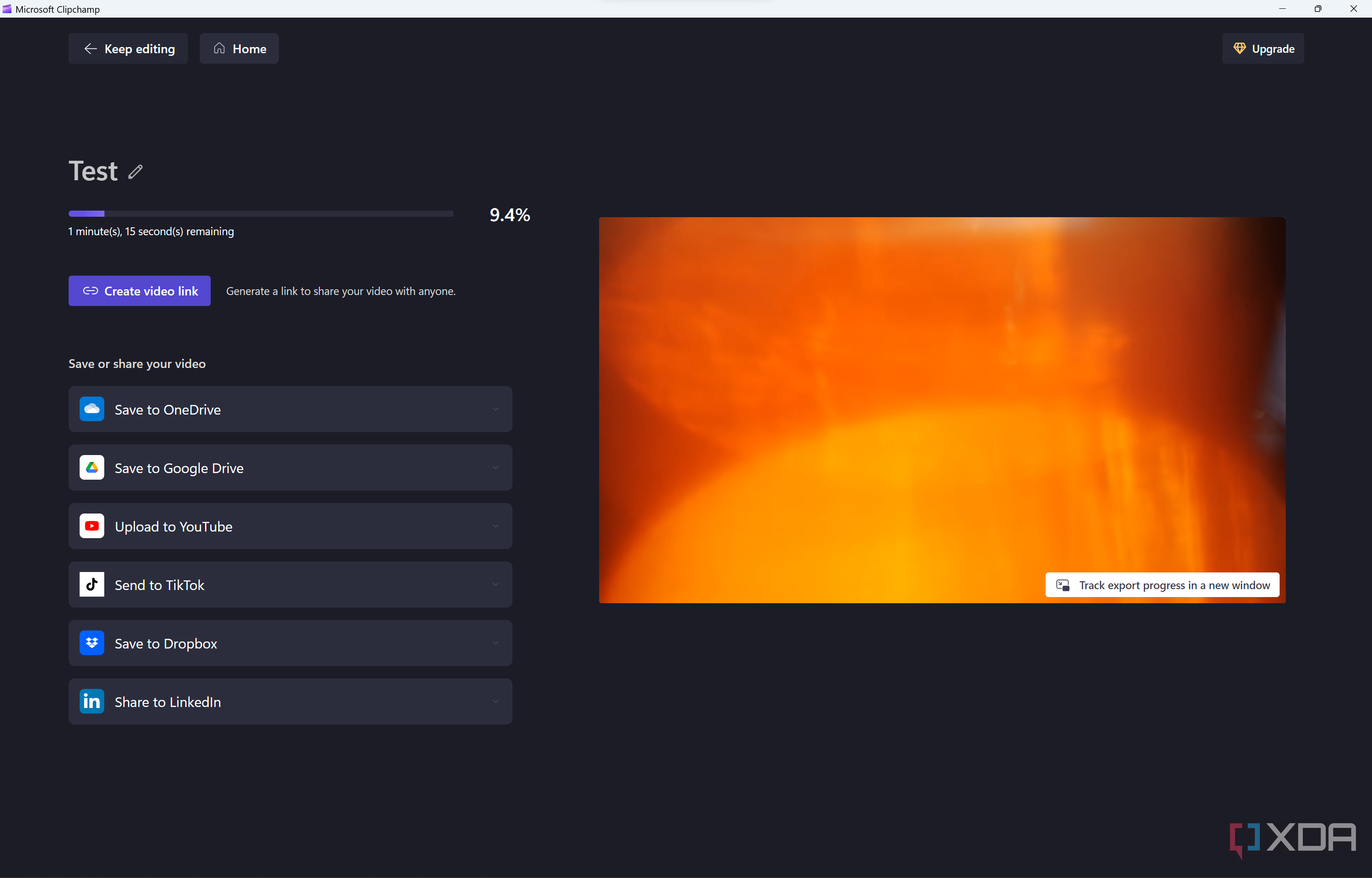 Screenshot of the export screen in Clipchamp with an export in progress