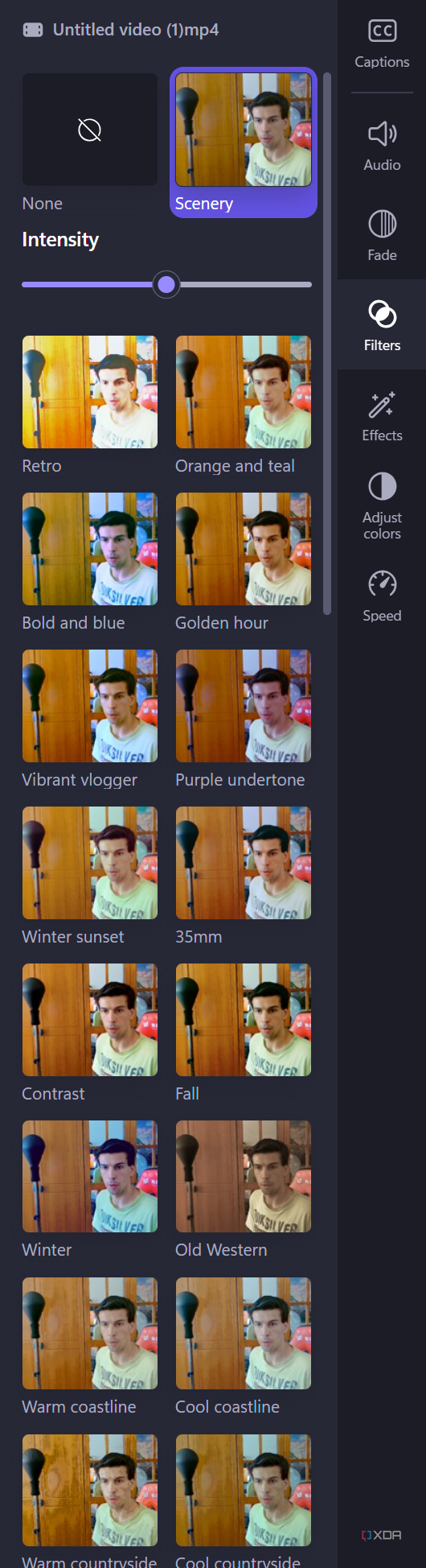 Screenshot of the filters and effects panel in Clipchamp open to the filters tab