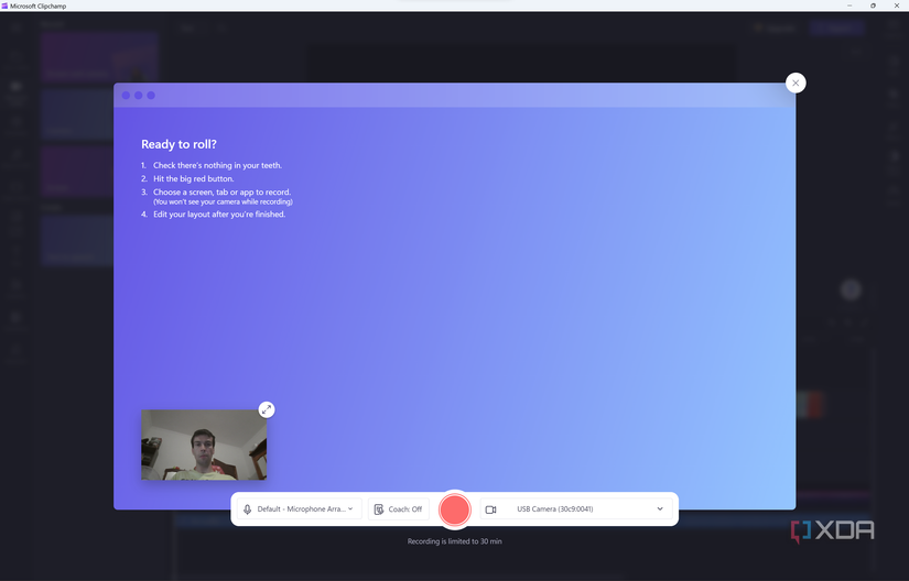 Screenshot of the camera and microphone setup screen in Clipchamp before recording a video