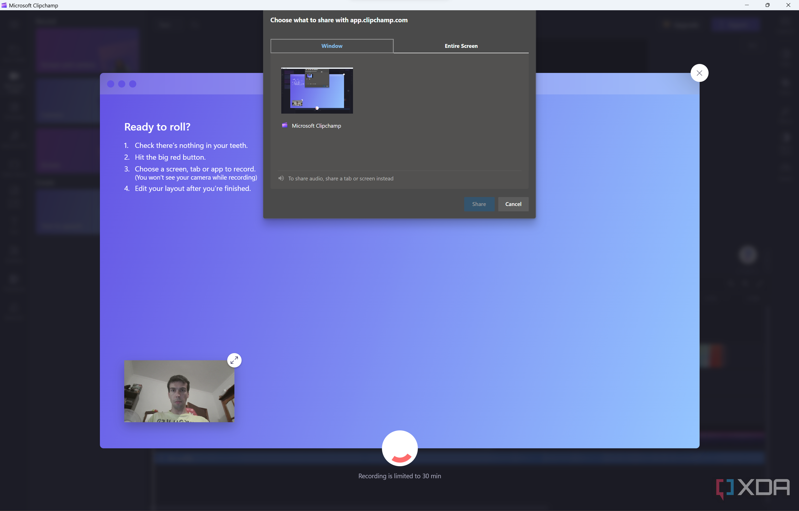 Screenshot of Clipchamp asking the user to select an area of the screen to record