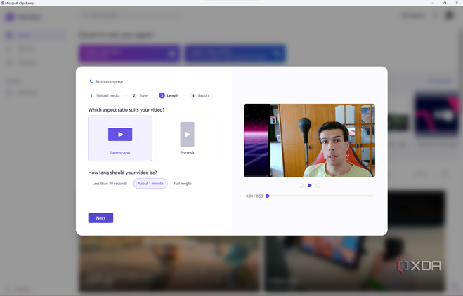 Screenshot of auto compose in Clipchamp asking the user to choose an aspect ratio and length for the final video