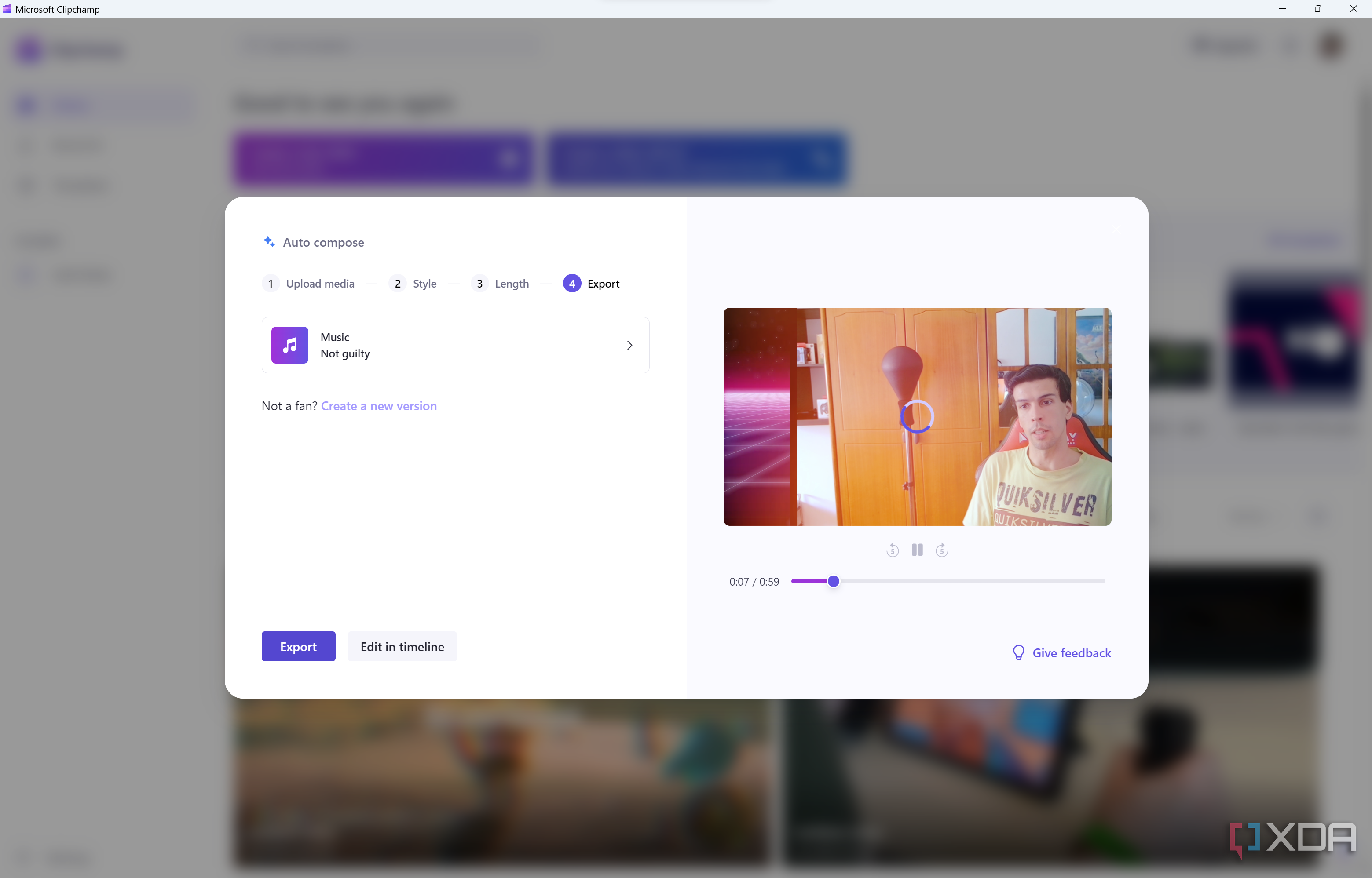Screenshot of the export screen when using Clipchamp's auto compose feature