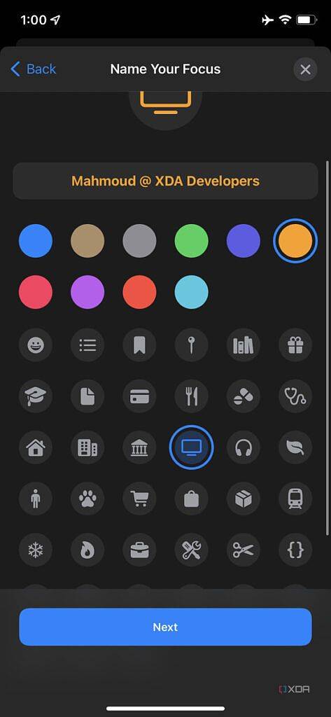 picking an icon and color for focus mode