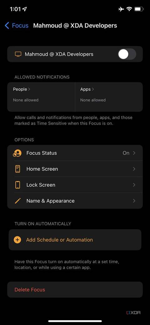 a focus mode's settings