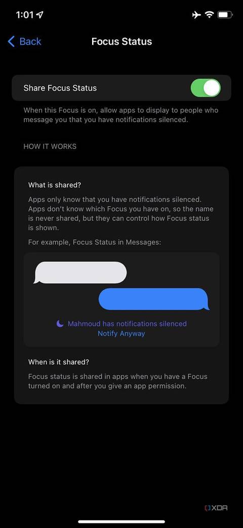 share focus status with other apps settings