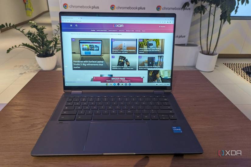 HP Chromebook Plus x360 14c with XDA homepage on the screen