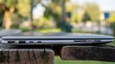 Left-side view of the HP ZBook Firefly 14 G10 with the lid closed, showing an HDMI port, USB Type-A, two Thunderbolt 4 ports, and a Smart Card reader.