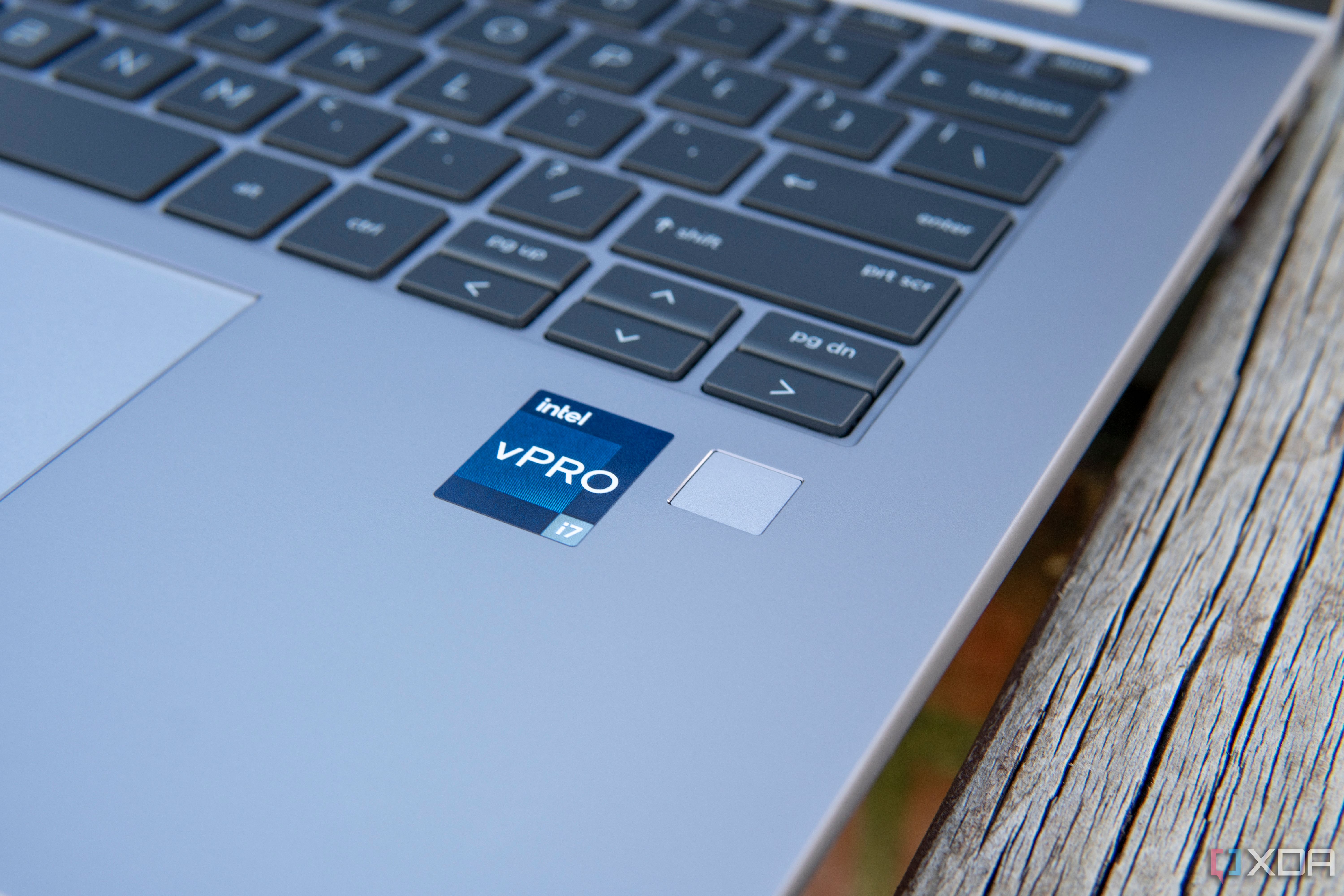 Cluse-up view of the fingerprint reader and Intel vPro sticker on the HP ZBook Firefly 14 G10.
