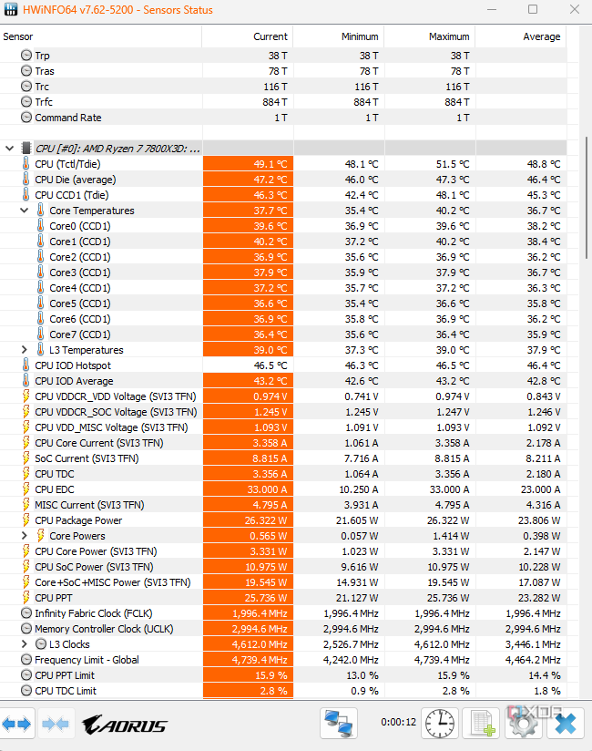 A screenshot showing the CPU temperatures in HWiNFO64 program.