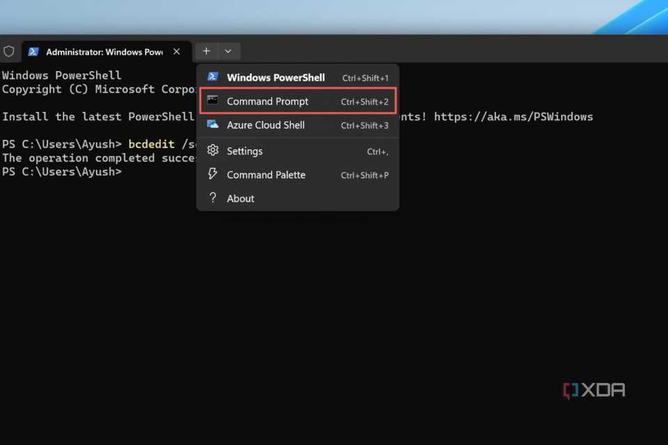 A screenshot depicting the procedure to switch to Command Prompt in Windows Terminal.