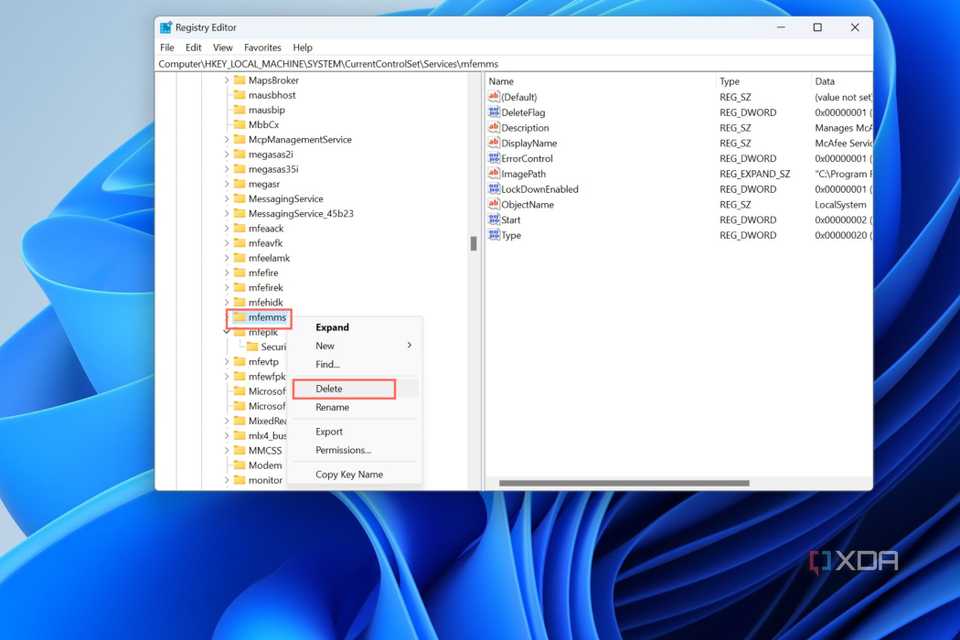 A screenshot depicting the registry keys of leftover McAfee services.