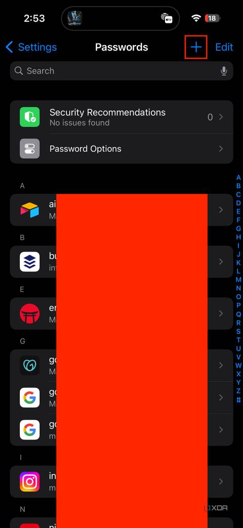 plus button in passwords settings on iOS