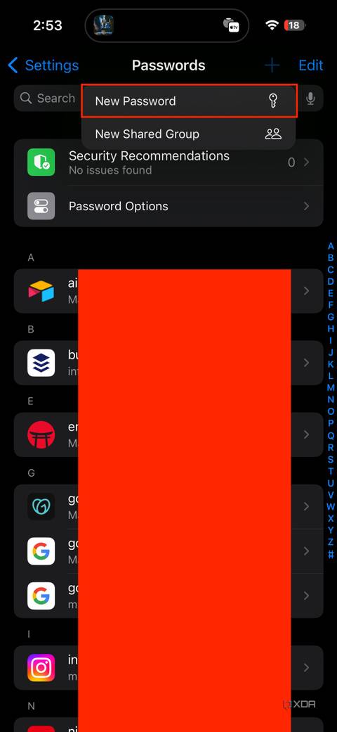 new password button in passwords settings on iOS 
