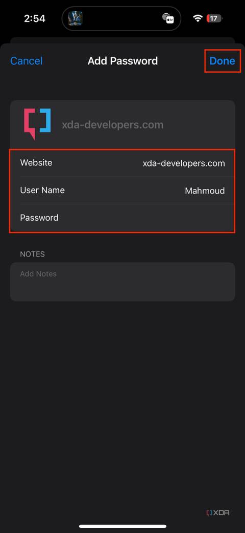 website, user name, and password fields in iOS settings