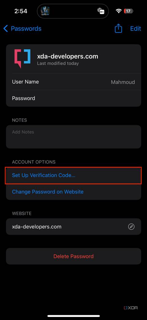 setup verification code in passwords settings on iOS