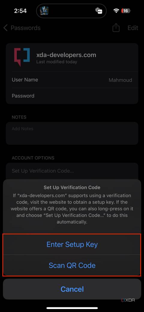 set up verification code using setup key or QR code options in iOS settings