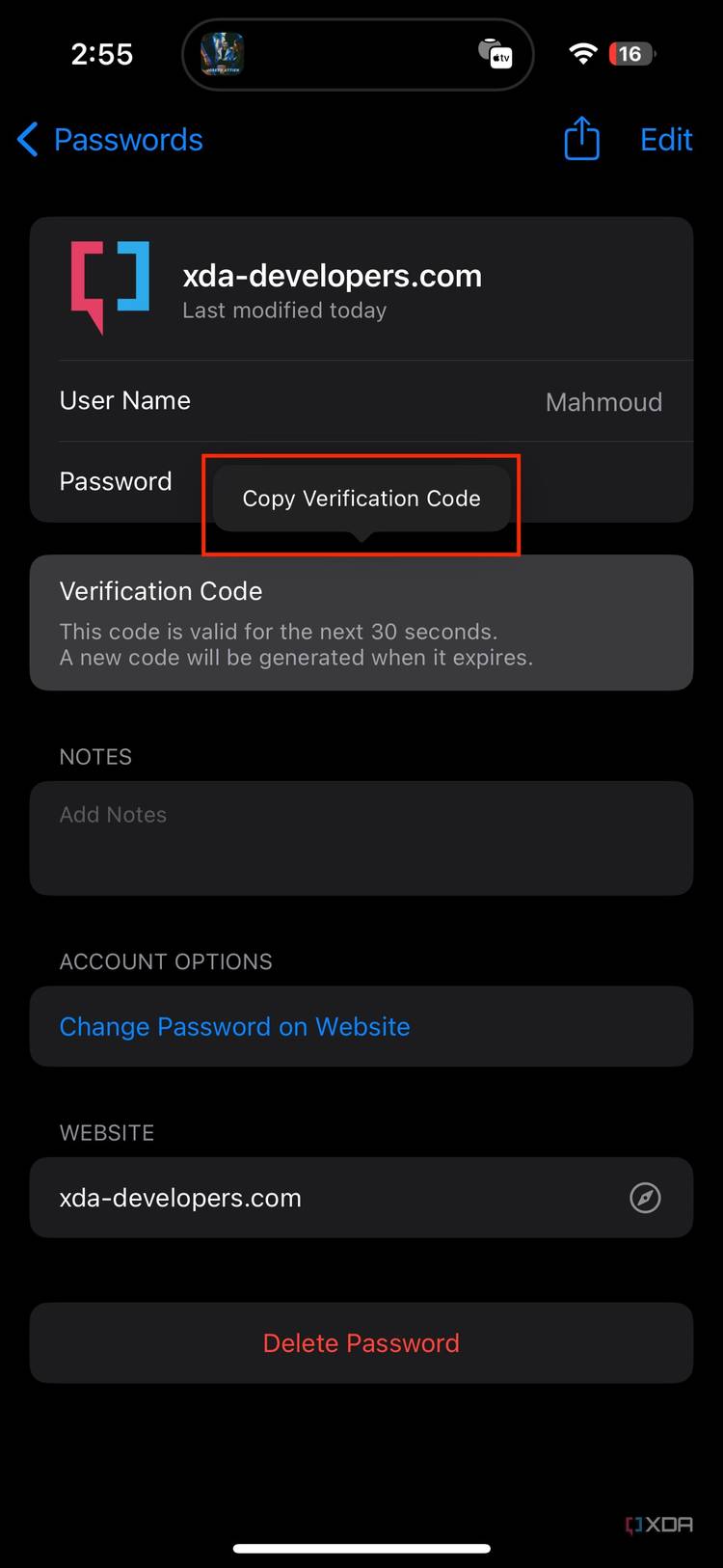 Copy verification code option in iOS settings