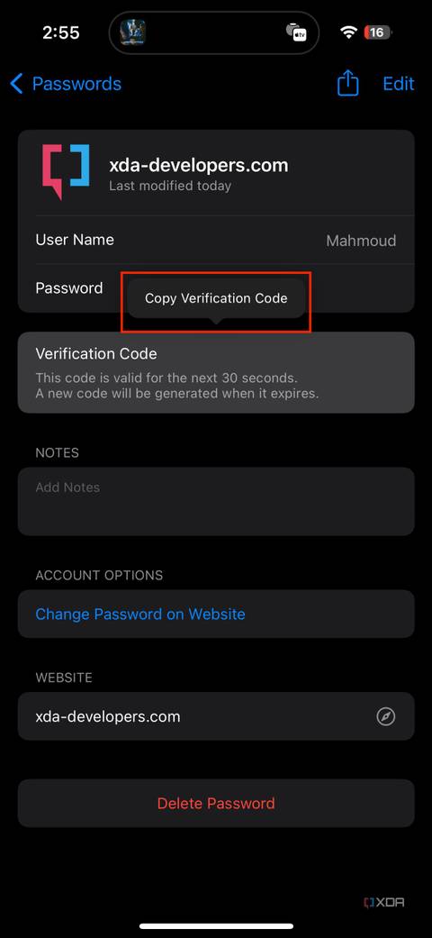 Copy verification code option in iOS settings