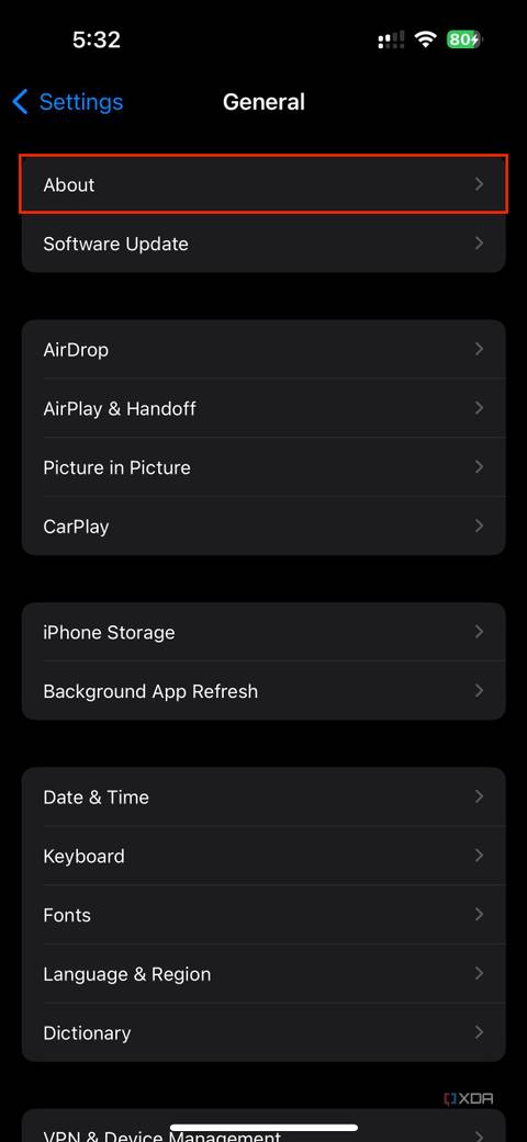 about section in iOS general settings