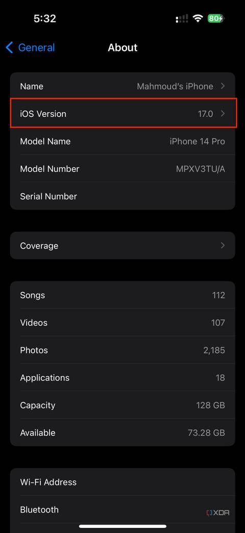 iOS version number in iOS about settings
