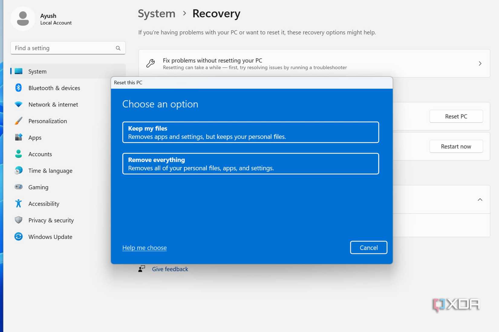 Click on Keep my files or choose Remove everything.